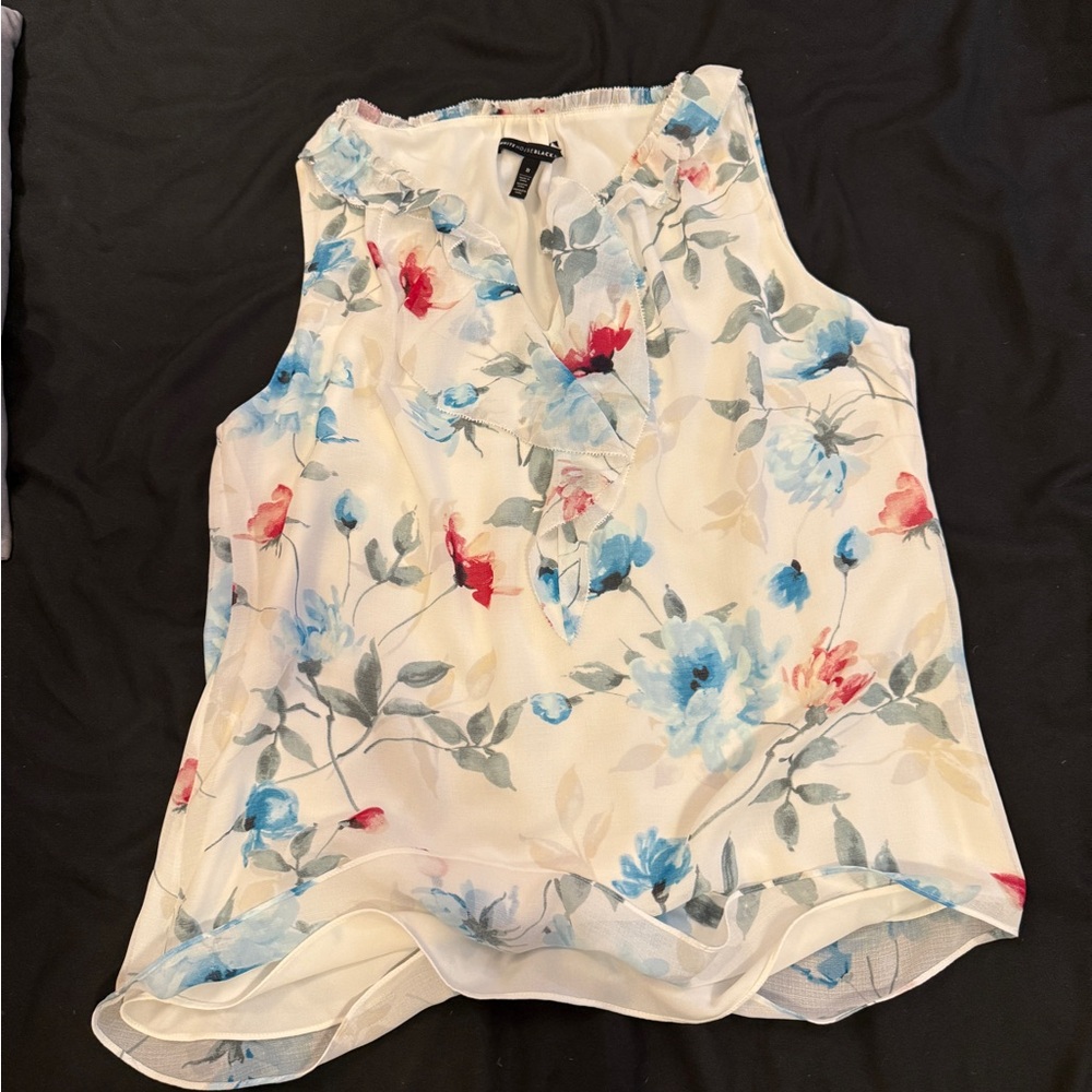 White House Black Market Floral Print Blouse - Cream, Blue, Red